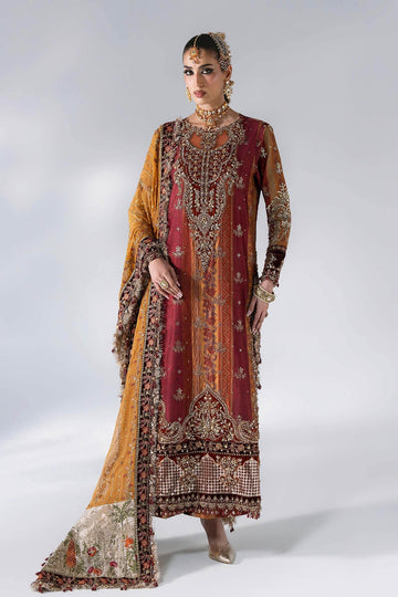 MARIA B | MBROIDERED | 3 PIECE EMBROIDERED RAW SILK SUIT | BD-3104-MAROON CRIMSON | LONG