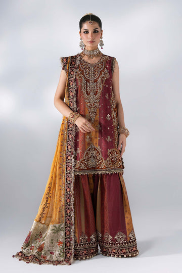 MARIA B | MBROIDERED | 3 PIECE EMBROIDERED RAW SILK SUIT | BD-3104-MAROON CRIMSON | SHORT