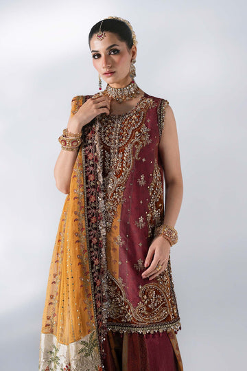 MARIA B | MBROIDERED | 3 PIECE EMBROIDERED RAW SILK SUIT | BD-3104-MAROON CRIMSON | SHORT