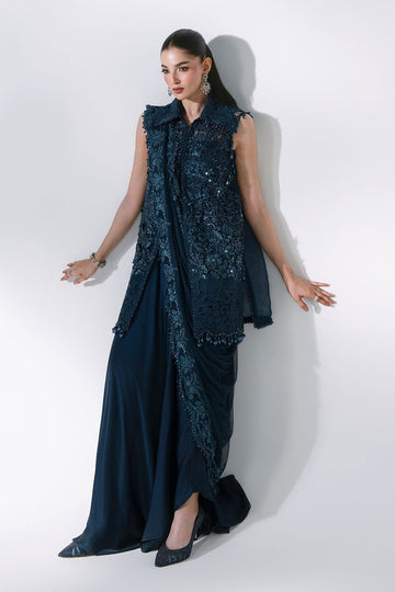 MARIA B | MBROIDERED | 3 PIECE EMBROIDERED ORGANZA SUIT | BD-3106-PEACOCK BLUE | SHORT