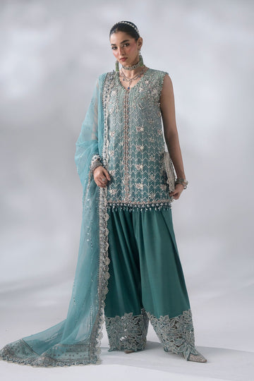 MARIA B | MBROIDERED | 3 PIECE EMBROIDERED ORGANZA SUIT | BD-3107-SEA GREEN | SHORT