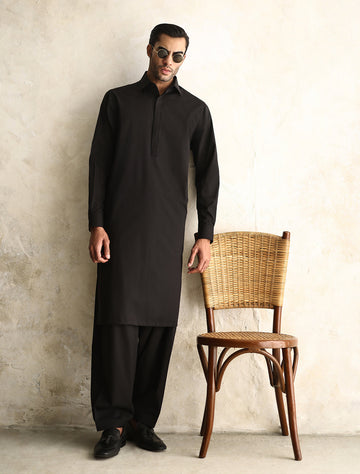 ISMAIL FARID | CLASSIC BLACK COTTON KAMEEZ SHALWAR WITH BLACK CLASSIC WAISTCOAT