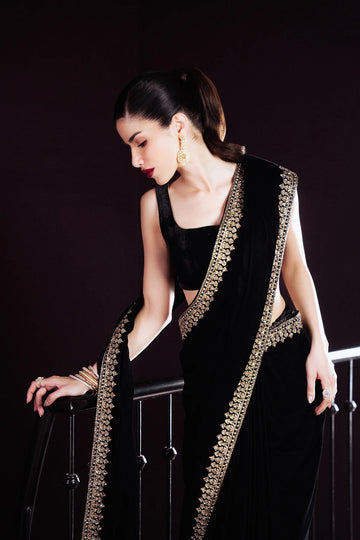 ZAIB | THE PRIVATE COLLECTION | BLACK LUXURY VELVET SAREE (NPA3-25462)