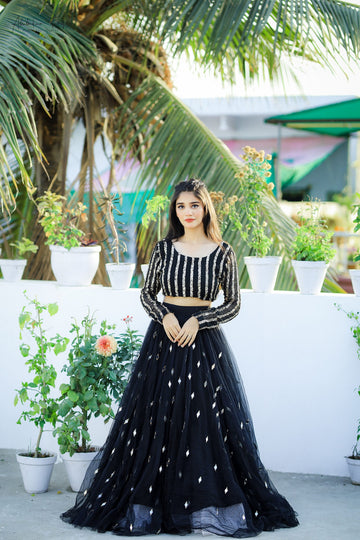 SAAD IBRAHIM | LEHENGA CHOLI | BLACK SEQUINS EMBELLISHED LONG FLARED LEHENGA CHOLI SET
