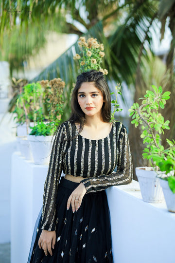 SAAD IBRAHIM | LEHENGA CHOLI | BLACK SEQUINS EMBELLISHED LONG FLARED LEHENGA CHOLI SET