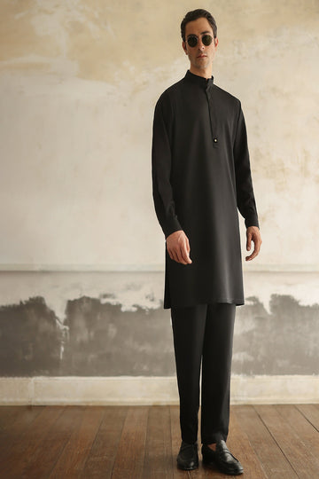 ISMAIL FARID | BLACK VELVET DETAILED KURTA PAJAMA WITH BLACK WAISTCOAT
