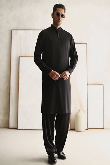 ISMAIL FARID | CLASSIC BLACK KAMEEZ SHALWAR WITH BLACK CLASSIC WAISTCOAT