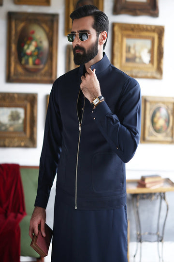 ISMAIL FARID | BLUE CLASSIC KURTA PAJAMA WITH BLUE ZIPPER WAISTCOAT
