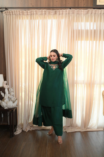 AMINAH BADAR | BOTTLE GREEN PURE RAW SILK OUTFIT