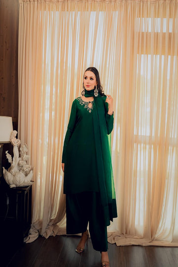 AMINAH BADAR | BOTTLE GREEN PURE RAW SILK OUTFIT