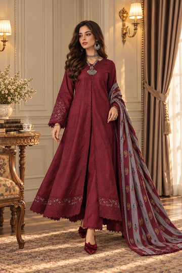 NOOR BY SADIA | WINTER EMBROIDERED PRINTSKHAS '26 | D6 A - CARDINAL WINE
