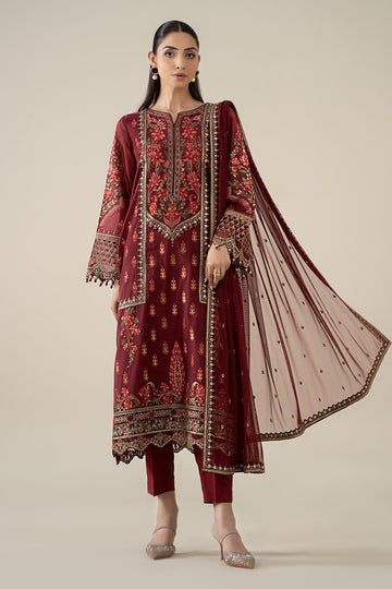 MARIA B | LUXURY PRET | 3 PIECE EMBROIDERED JACQUARD SUIT | DW-EA25-59-RED