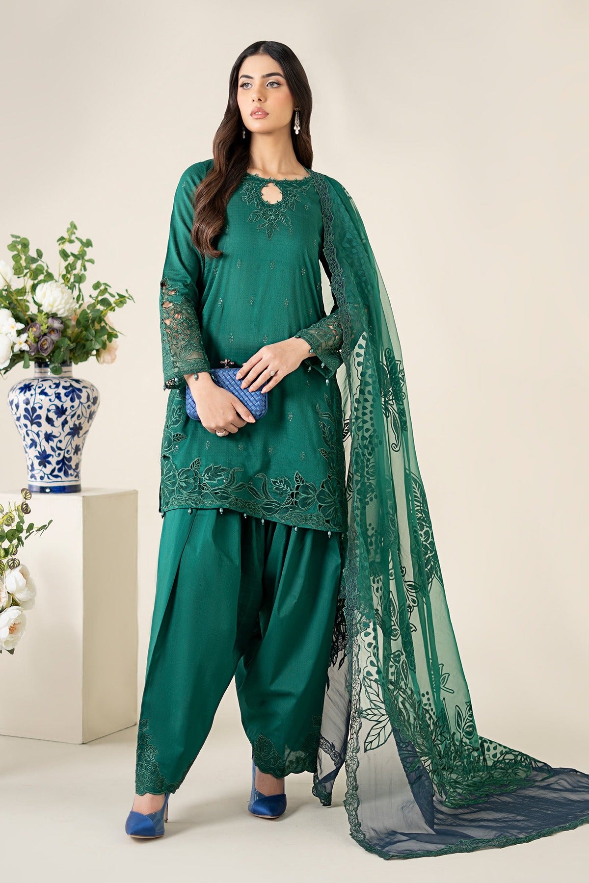 MARIA B | LUXURY PRET | 3 PIECE EMBROIDERED DOBBY SUIT | DW-EA25-67-GREEN