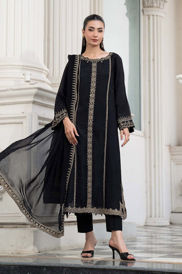 MARIA B | DESI SUMMER PIE | 3 PIECE EMBROIDERED RAW SILK SUIT | DW-EF26-106-BLACK