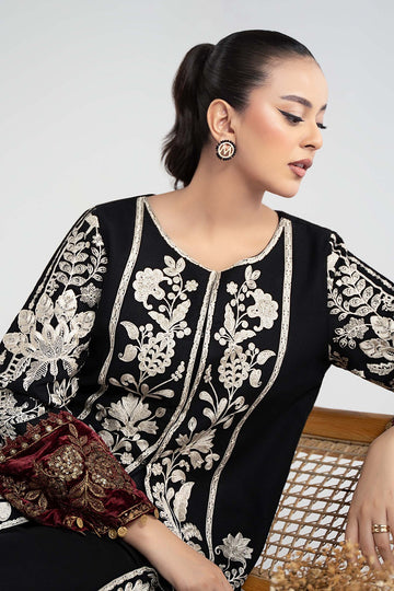 MARIA B | LUXURY PRET | 3 PIECE EMBROIDERED COTTON DOBBY SUIT | DW-W25-18-BLACK