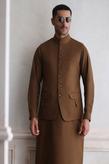 ISMAIL FARID | DARK TAN KAMEEZ SHALWAR WITH DARK TAN DESIGNER WAISTCOAT