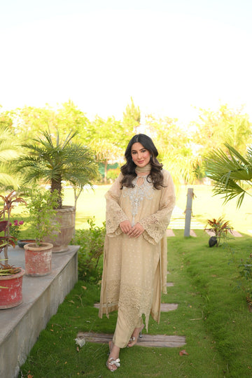 AMINAH BADAR | DUSTY BEIGE PURE KHADI NET OUTFIT