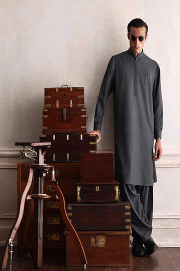 ISMAIL FARID | PREMIUM GRAY KAMEEZ SHALWAR WITH GRAY TWEED WAISTCOAT