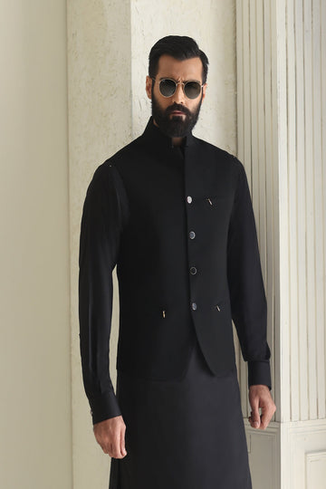 ISMAIL FARID | MID NIGHT BLACK KAMEEZ SHALWAR WITH BLACK SLIM FIT WAISTCOAT