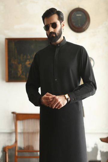 ISMAIL FARID | MID NIGHT BLACK KAMEEZ SHALWAR WITH BLACK DESIGNER WAISTCOAT