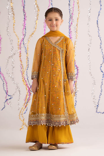 MARIA B | KIDS | GIRLS | PLAY HOUSE STORIES | 3 PIECE EMBROIDERED NET SUIT | MKS-PF25-02R1-MUSTARD