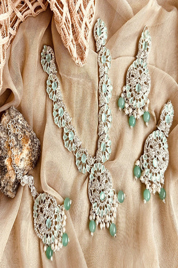 KOH-E-GEM | JEWELLERY | MIRA – DAINTY DROP NECKLACE SET (MINT WITH SILVER BASE)
