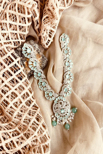 KOH-E-GEM | JEWELLERY | MIRA – DAINTY DROP NECKLACE SET (MINT WITH SILVER BASE)