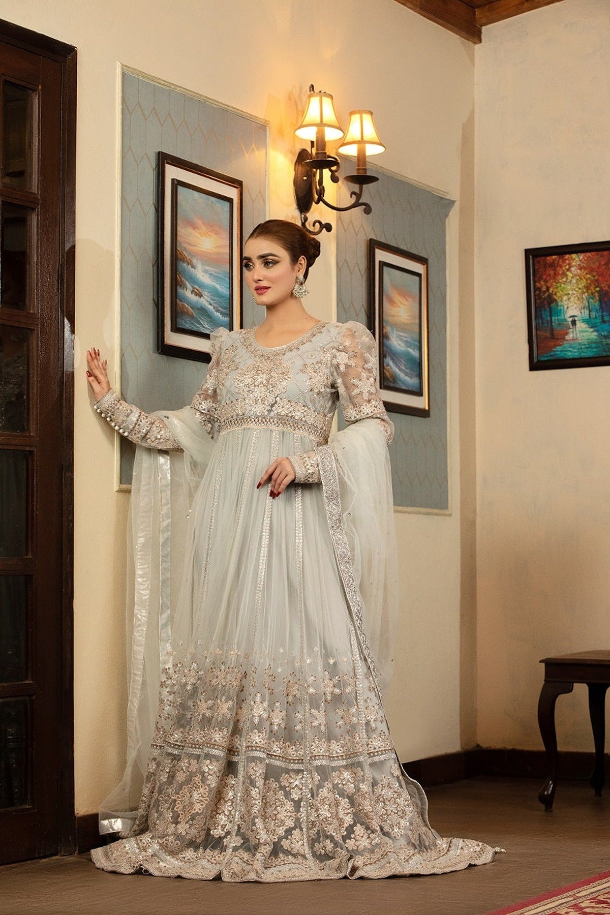 NAKOOSH | BRIDAL | NB-001 SILVER LONG 3PC STITCHED DRESS