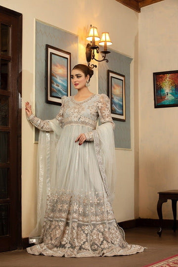 NAKOOSH | BRIDAL | NB-001 SILVER LONG 3PC STITCHED DRESS