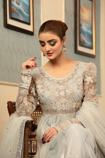 NAKOOSH | BRIDAL | NB-001 SILVER LONG 3PC STITCHED DRESS