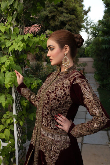 NAKOOSH | BRIDAL | NB-005 MAROON VELVET FORMAL 3PC OUTFIT