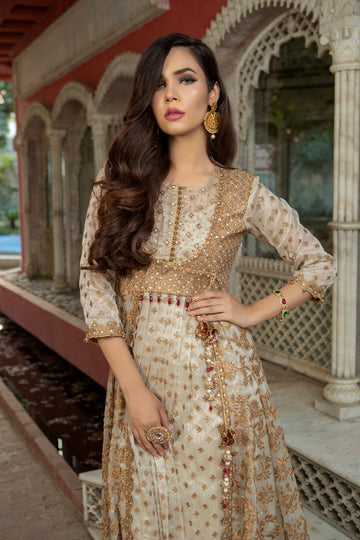 NAKOOSH | BRIDAL | NB-2782 IVORY LONG STITCHED DRESS