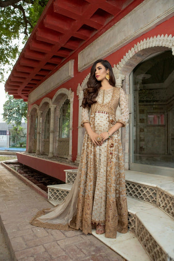NAKOOSH | BRIDAL | NB-2782 IVORY LONG STITCHED DRESS