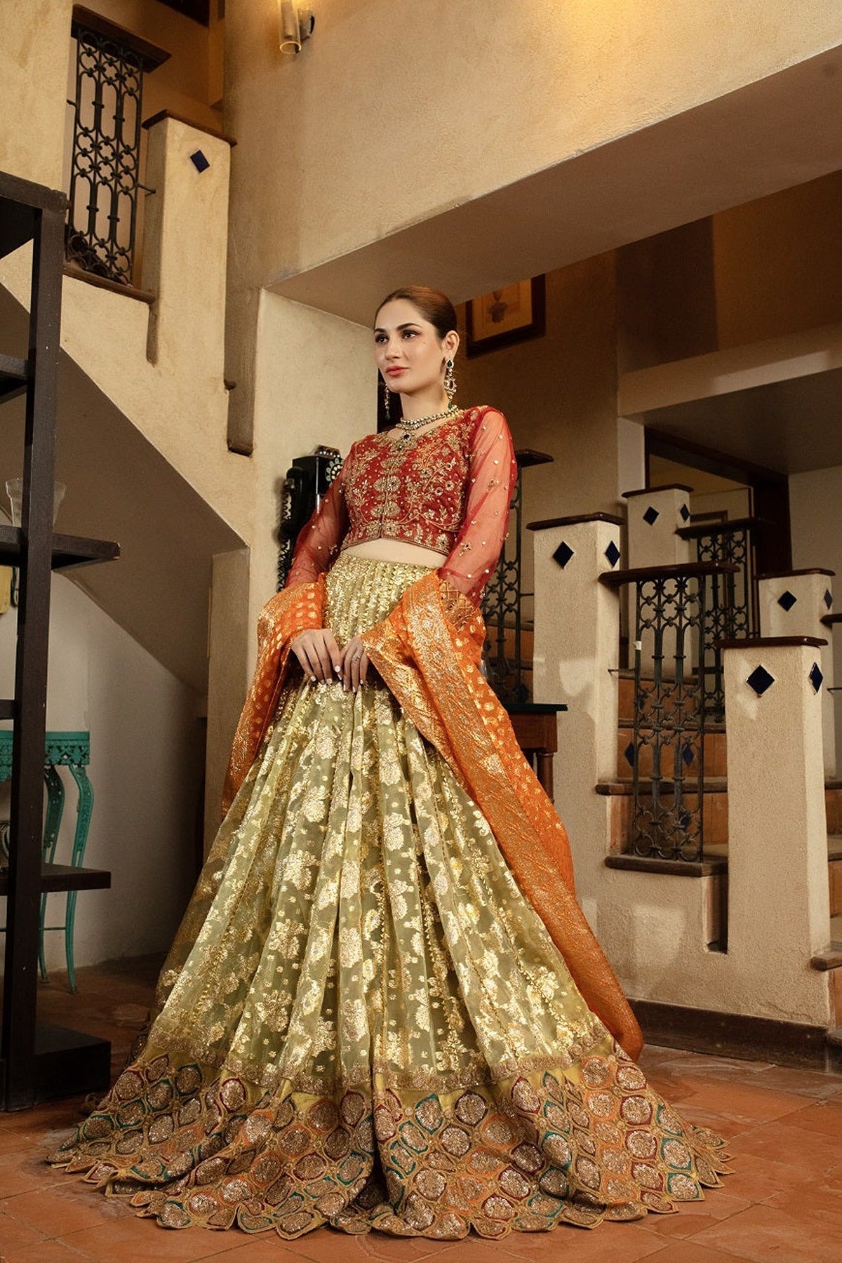 NAKOOSH | BRIDAL | NB-4356 MAROON & PISTA LAHNGA CHOLI STITCHED DRESS