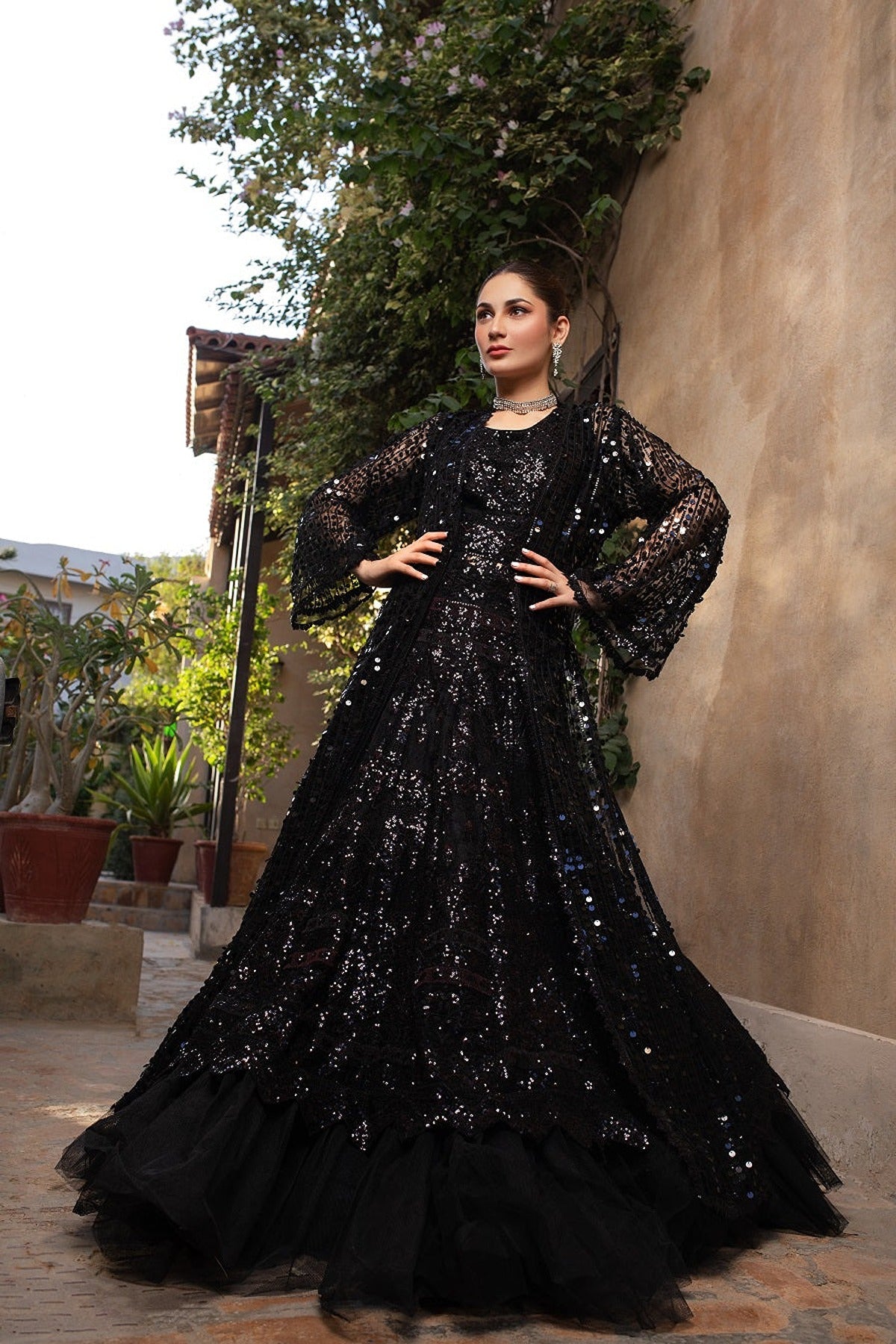 NAKOOSH | BRIDAL | NB-4574 BLACK SEQUINS LEHNGA CHOLI STITCHED DRESS
