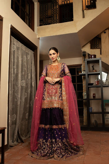 NAKOOSH | BRIDAL | NB-4579 PURPLE PINK GHARARA 3PC STITCHED DRESS