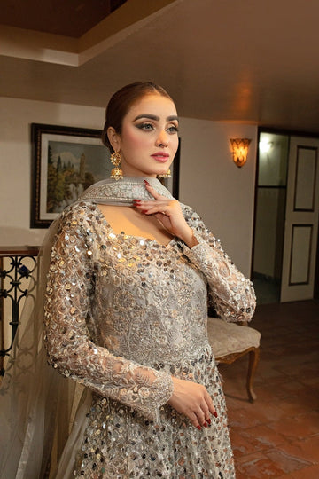 NAKOOSH | BRIDAL | NB-5023 SILVER LONG STITCHED 3PC DRESS