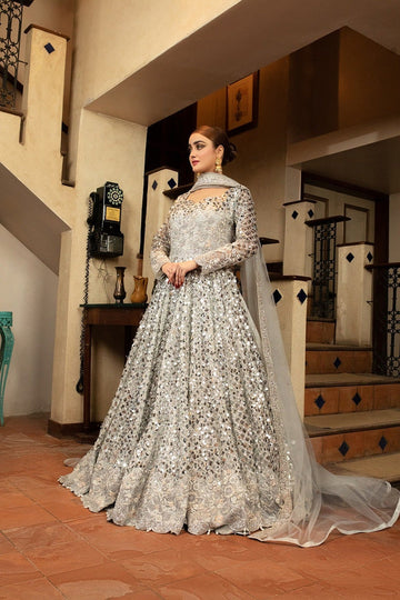 NAKOOSH | BRIDAL | NB-5023 SILVER LONG STITCHED 3PC DRESS