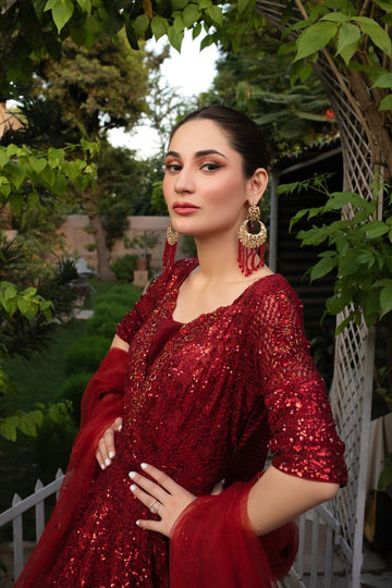 NAKOOSH | BRIDAL | NB-5115 RED SEQUINS 3PC STITCHED DRESS