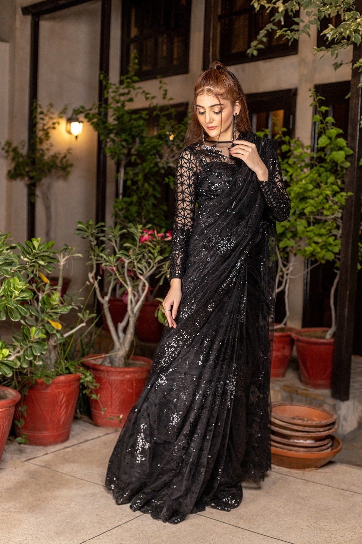 NAKOOSH | BRIDAL | NB-5259 BLACK NET SAREE STITCHED