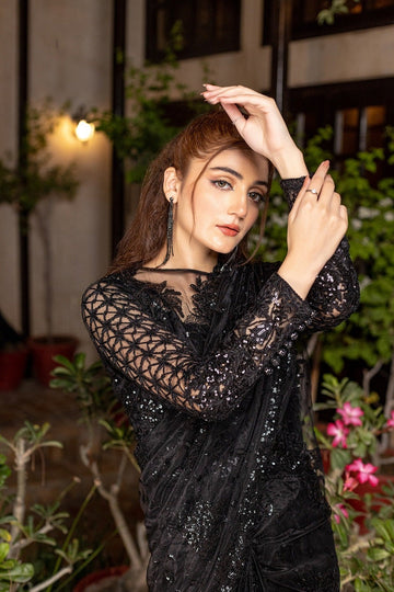 NAKOOSH | BRIDAL | NB-5259 BLACK NET SAREE STITCHED