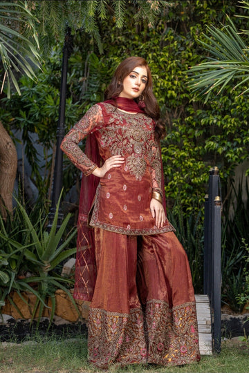 NAKOOSH | BRIDAL | NB-5355 MAROON SHORT 3PC DRESS