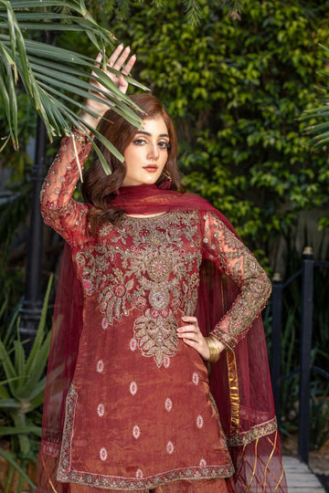 NAKOOSH | BRIDAL | NB-5355 MAROON SHORT 3PC DRESS