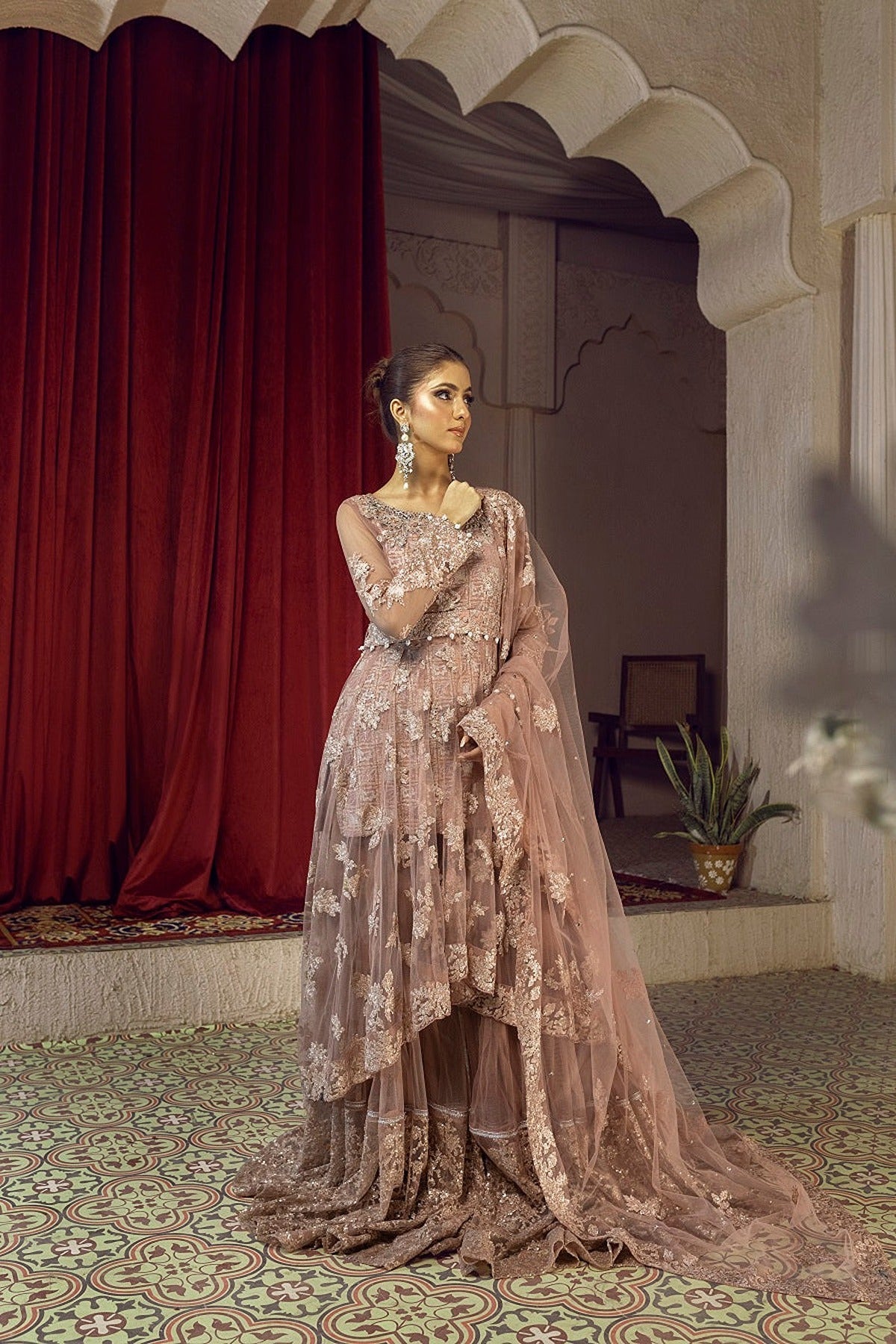 NAKOOSH | BRIDAL | NB-6077 PEACH SHORT & LONG 3PC STITCHED SUIT