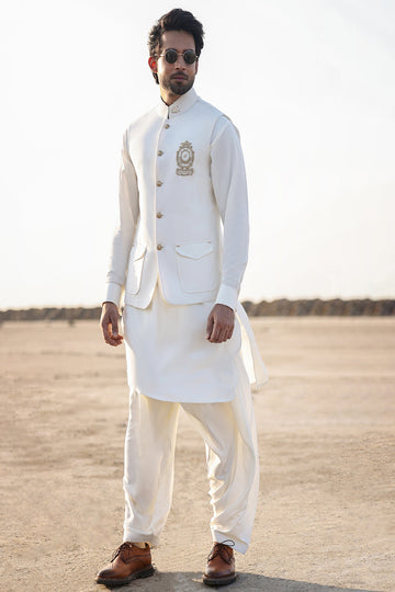 ISMAIL FARID | OFF-WHITE PREMIUM TEXTURED KAMEEZ SHALWAR WITH WAISTCOAT