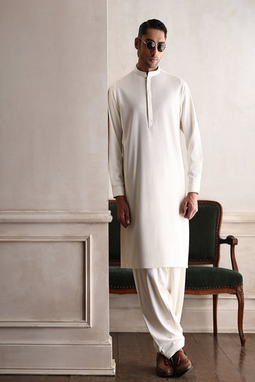 ISMAIL FARID | OFF-WHITE PREMIUM TEXTURED KAMEEZ SHALWAR WITH OFF-WHITE WAISTCOAT