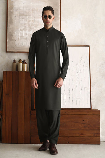 ISMAIL FARID | GREEN – PREMIUM KAMEEZ SHALWAR WITH OLIVE WAISTCOAT