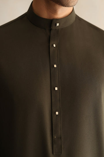 ISMAIL FARID | OLIVE GREEN KURTA PAJAMA WITH OLIVE TWEED WAISTCOAT