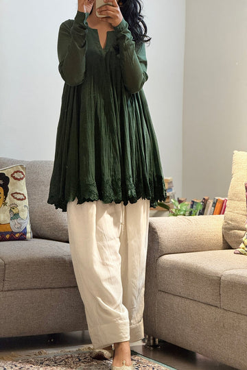 HASLI | OLIVE GREEN MUL CHANDERI EMBROIDERED ANARKALI WITH FARSHI SALWAR