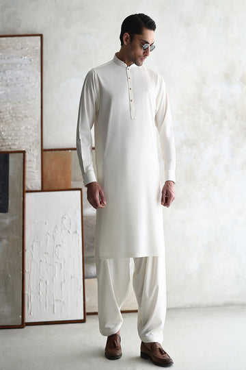 ISMAIL FARID | CREAM – OXFORD TEXTURED KAMEEZ SHALWAR WITH RUST TWEED WAISTCOAT